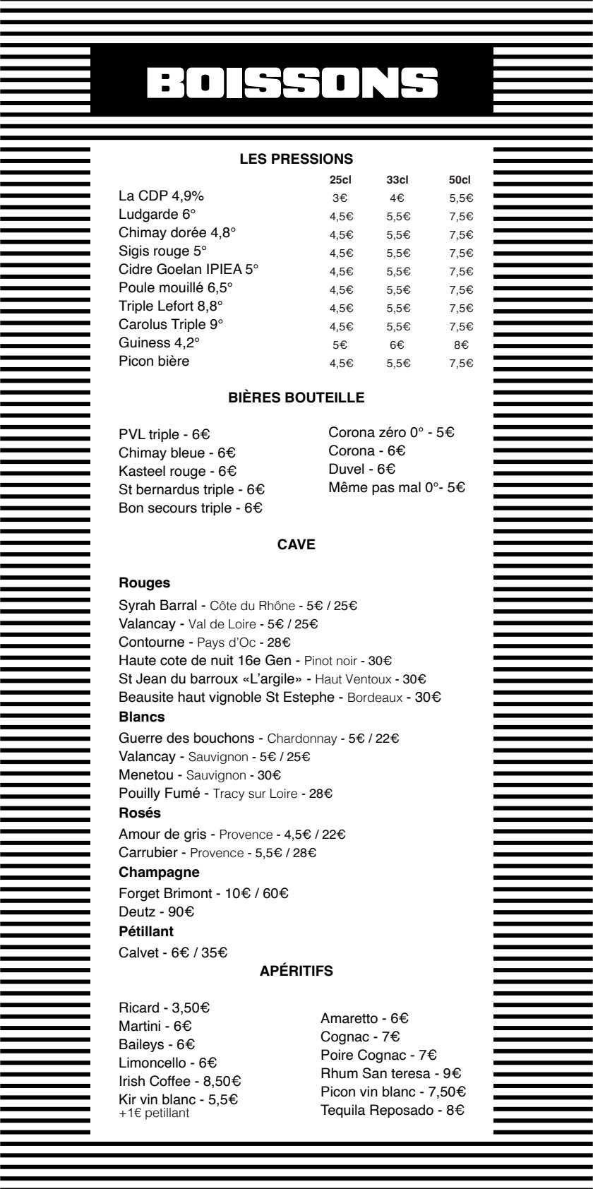 Carte boissons — pressions, bières, cave, apéritifs