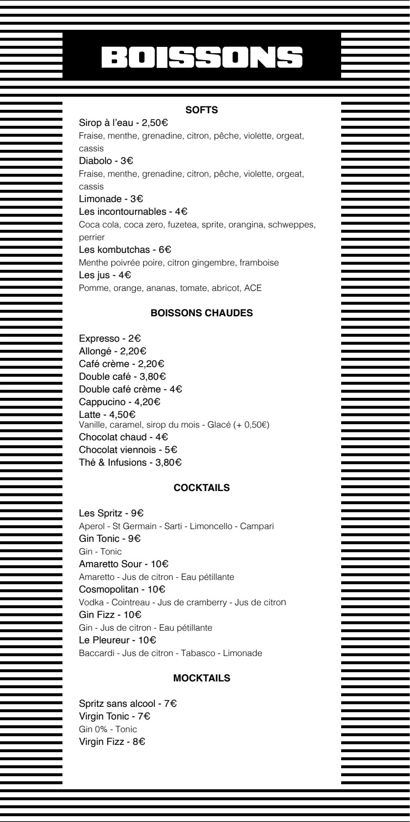 Carte boissons — softs, boissons chaudes, cocktails, mocktails