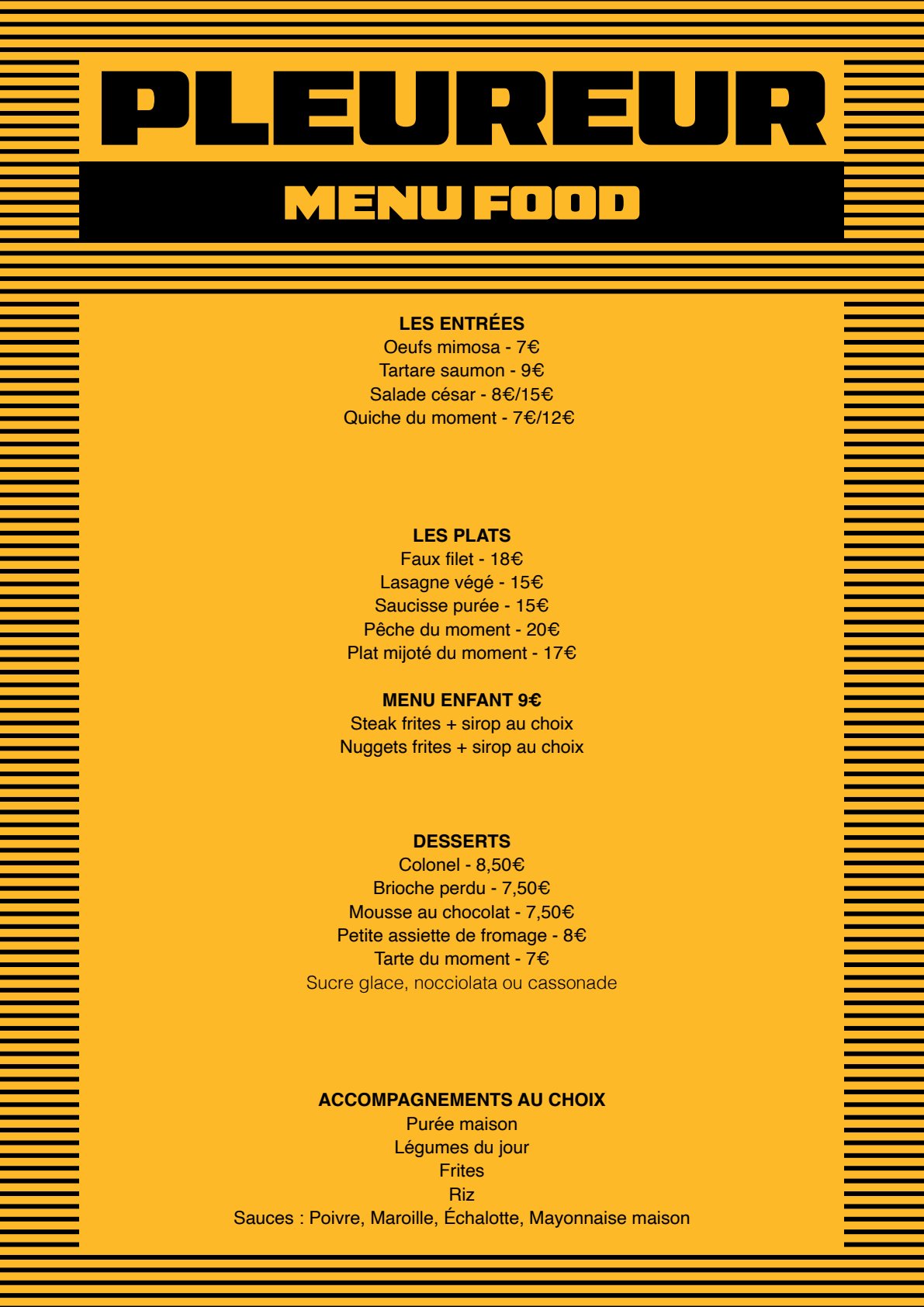 Menu food — entrées, plats, desserts